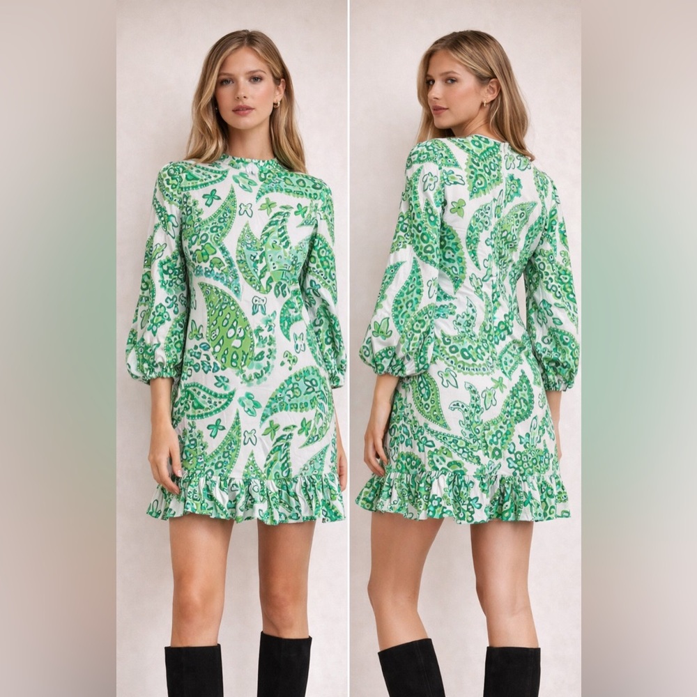 STAUD Carolina Paisley Mini Dress Green White Cotton Puff Sleeve Size 2 NWT